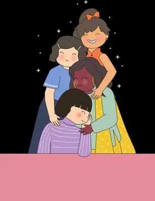 Family group standing behind a pink banner