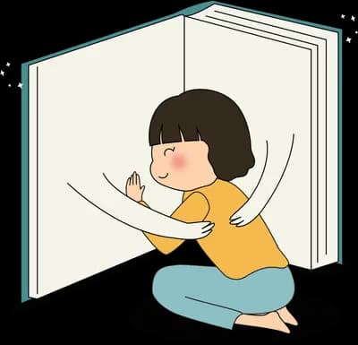 Girl sitting against a giant open book