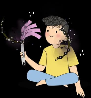 Boy sitting with a duster and a grey cloud of dust