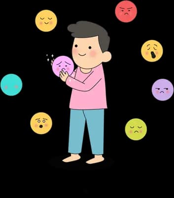 Boy holding an ice cream among mood faces