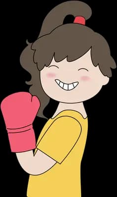 Girl in a yellow tee wearing a pink boxing glove and grinning