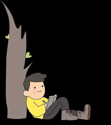 Man sitting against a tree trunk reading a book