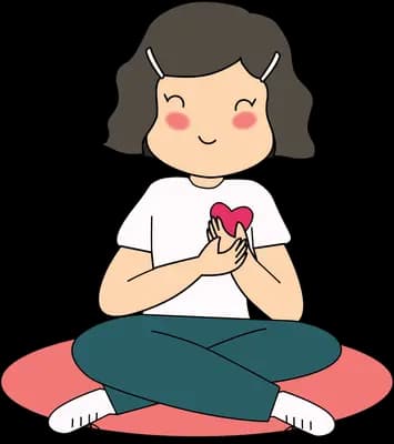 Girl sitting cross-legged on a red cushion holding a red heart to her chest