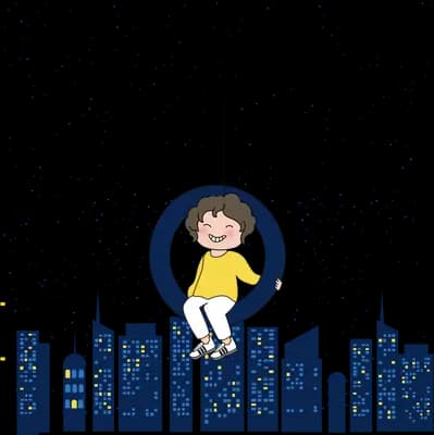 Child sitting in a hanging ring swing above a night city skyline