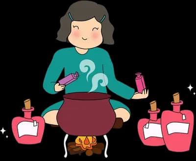 Woman stirring a cauldron over a fire surrounded by pink potion bottles