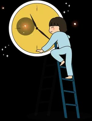 Girl on a ladder adjusting the hands of a giant yellow clock