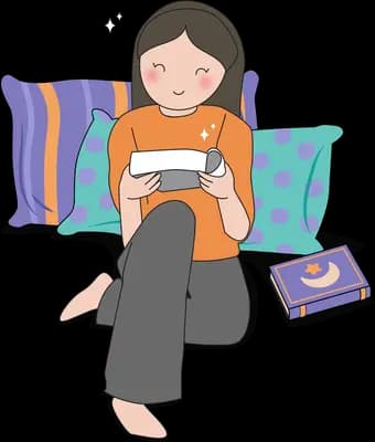 Woman leaning on cushions reading a tablet with a book beside her