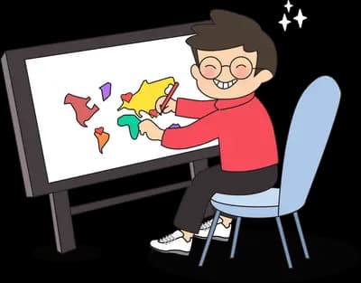 Boy in glasses sitting on a chair placing coloured pieces onto a world map board