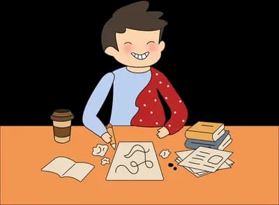 Man at an orange desk sketching plans among books papers and a coffee cup