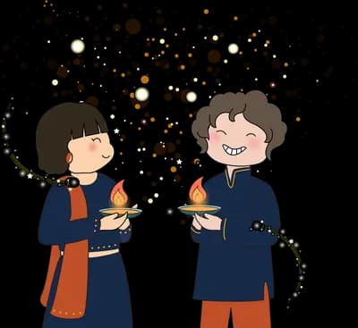 Two children in festive clothes holding lit diya lamps amid sparks