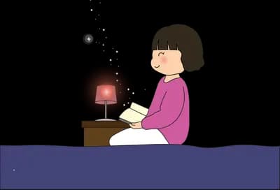 Girl at a desk reading beside a dark glowing orb
