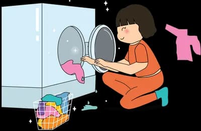 Girl kneeling to load pink clothes into a front loading washing machine