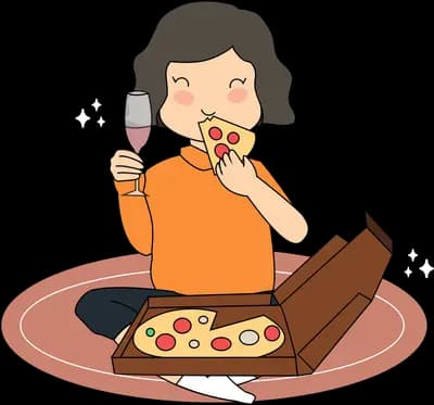 Woman sitting on a rug eating pizza from the box with a glass of wine