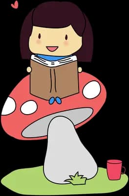 Girl reading a book while sitting on a red toadstool with a cup beside her