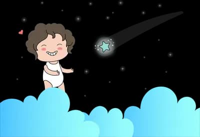 Toddler standing on blue clouds reaching toward a small star