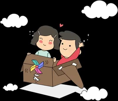 Two children flying in a cardboard box with a pinwheel among the clouds