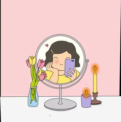 Girl taking a phone photo of herself in a vanity mirror beside tulips and candles