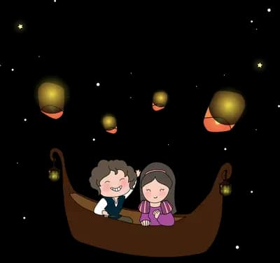 Couple sitting together in a gondola among floating golden lanterns