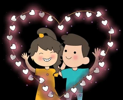 Couple posing together inside a heart shaped frame of small hearts