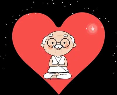 Bald man in round glasses and white robes sitting cross-legged inside a large red heart