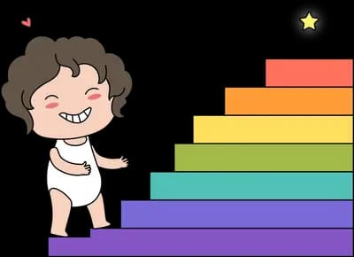 Boy climbing a rainbow-coloured staircase toward a gold star