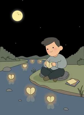 Boy kneeling at a riverbank releasing glowing lotus lanterns onto dark water under a moon