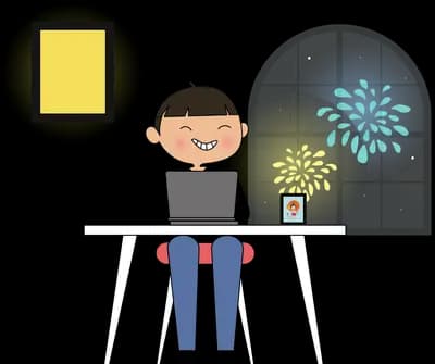 Boy working at a laptop on a white desk surrounded by floating icon bubbles