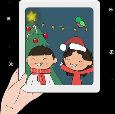Hand holding a tablet showing two children in santa hats by a christmas tree