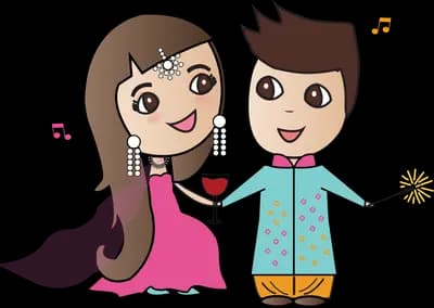 Couple in party clothes toasting with wine glasses among floating music notes