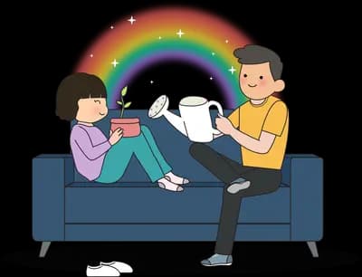 Couple relaxing on a blue sofa with a tablet under a rainbow arc