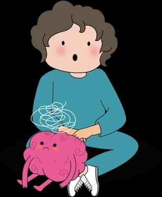 Boy sitting on the floor holding blue yarn beside a pink toy pig