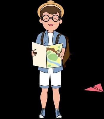 Boy in glasses and a backpack holding an open map with a paper plane flying past