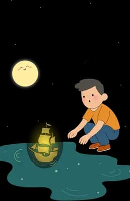 Boy kneeling beside a dark pool reaching for a glowing lantern under a sad moon