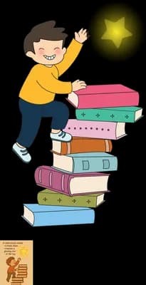 Boy climbing a tall stack of books to reach a glowing dark orb