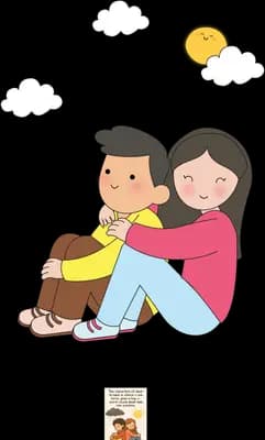 Couple sitting on the ground leaning into each other under clouds and sun