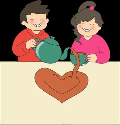 Boy and girl pouring tea from a green teapot that forms a heart on the panel below