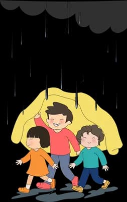 Three children huddled under a yellow umbrella in heavy rain