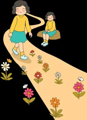 Woman and girl walking hand in hand along a flower-lined path