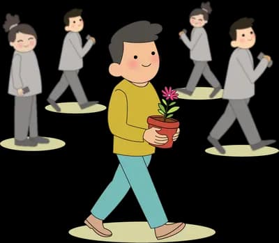 Man carrying a potted flower walking against a crowd of grey figures