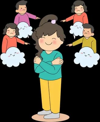 Pregnant woman standing with arms folded as children point at her from small clouds