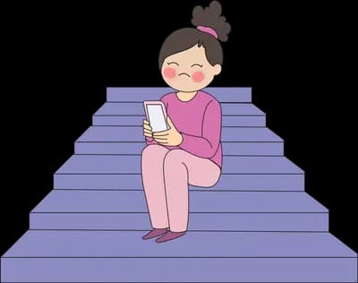 Girl sitting alone partway up a purple staircase looking at her phone