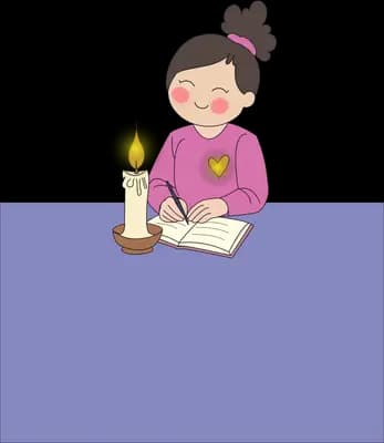 Girl writing in a book by candlelight leaning over a purple panel