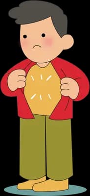 Man opening his red cardigan to look down at his own chest