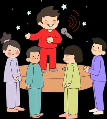 Boy in red singing into a microphone on a small stage while a group watches