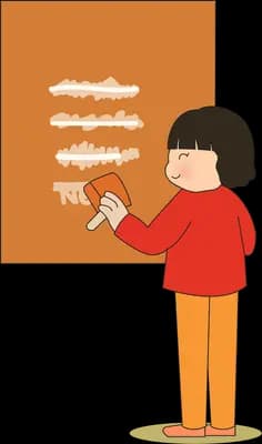 Girl in red writing on a large orange noticeboard