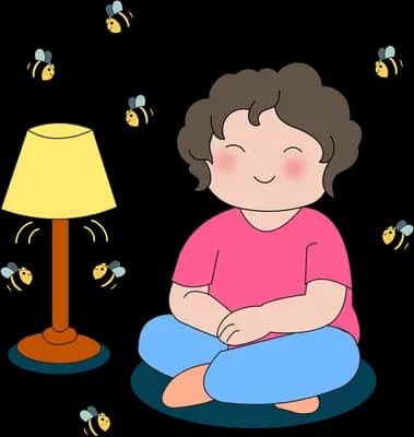 Woman sitting cross-legged beside a table lamp with bees buzzing around her