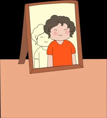 Framed portrait of a boy standing on a peach panel with a sketch behind him