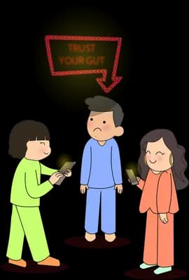 Two people hold microphones toward a worried man under a trust your gut sign