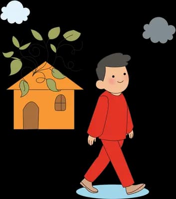 Boy walking away from a small orange house with a plant growing on its roof