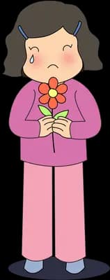 Girl in pink standing and cupping a single small flower in her hands